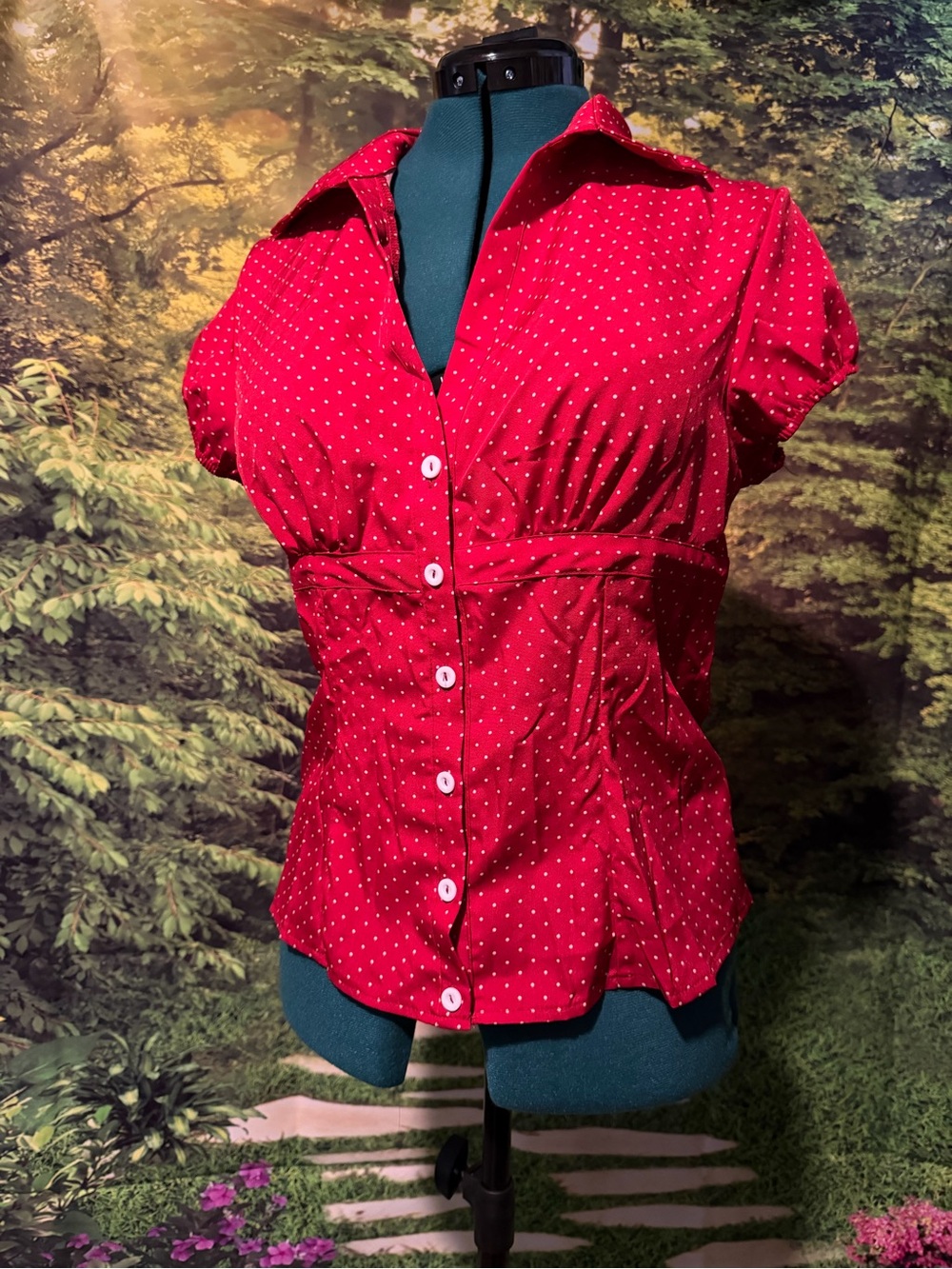 SHEIN Red Polka Dot Button-Up Blouse